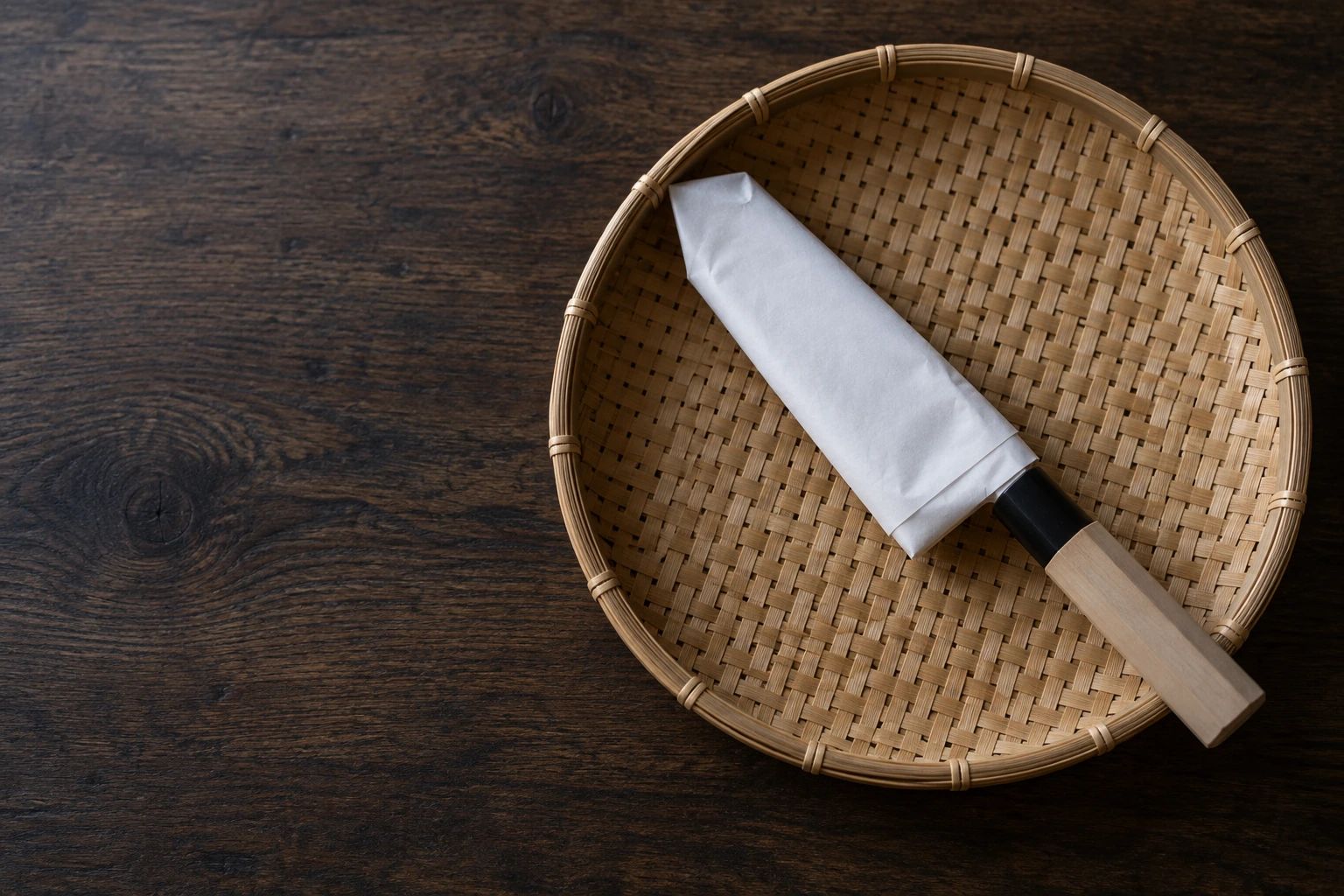 A santoku wrapped in plain white paper with only the handle showing, in a round bamboo basket