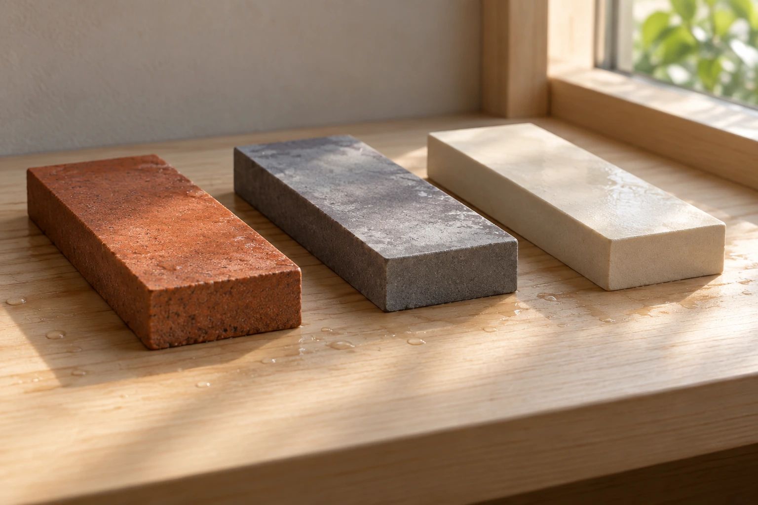 Three plain whetstones in orange, grey and pale cream spaced out on a hinoki shelf in morning light