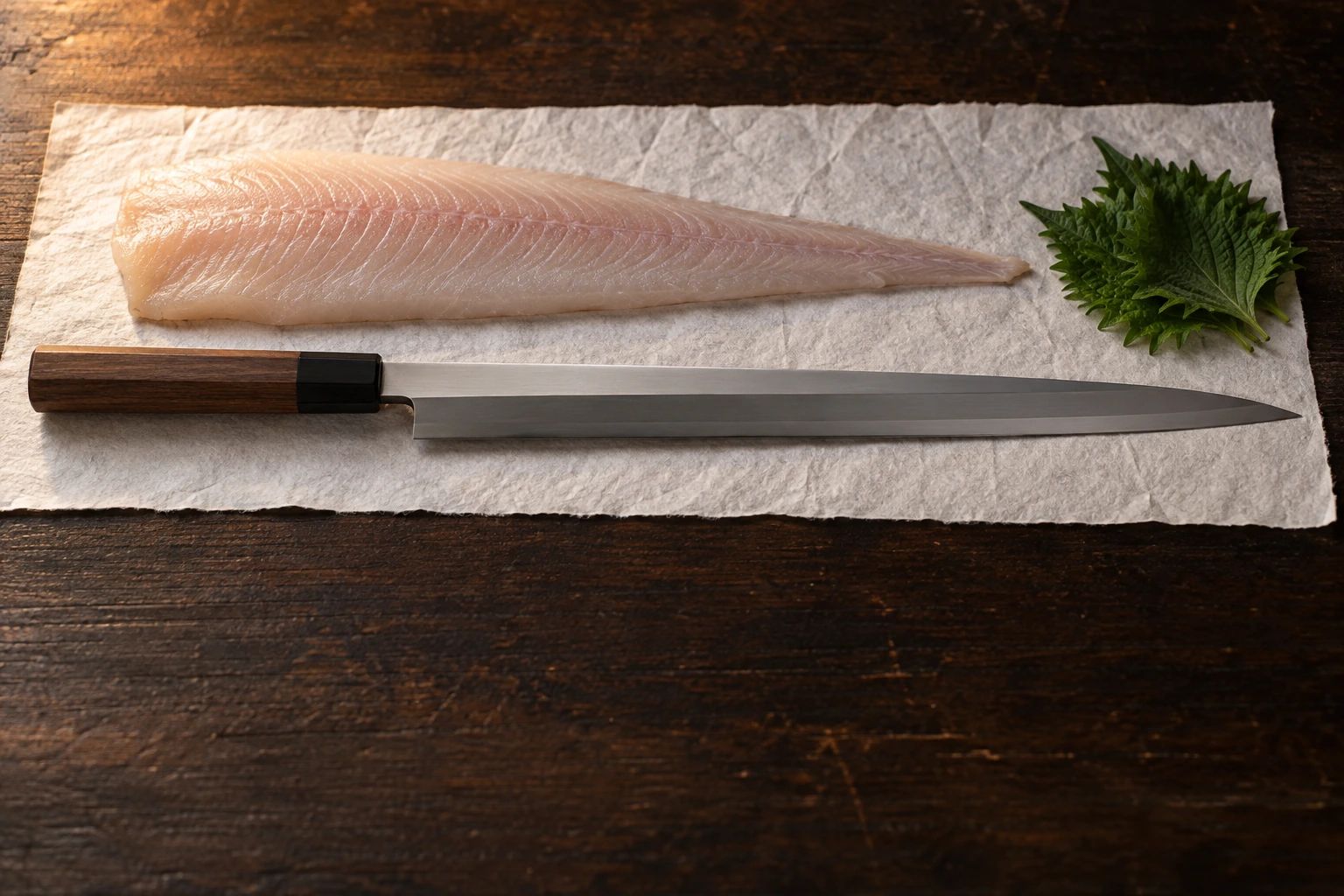 A yanagiba on white washi on a dark counter beside an uncut block of white fish and a shiso leaf
