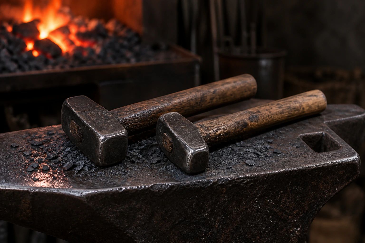 Two forging hammers resting on a worn anvil, with glowing charcoal blurred in the background